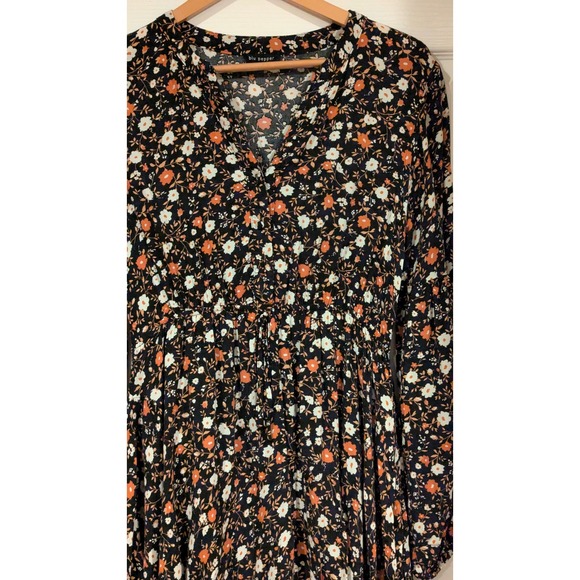Blu Pepper Floral Print Long Sleeve Mini Dress Black Orange White‎ Boho Chic L - Picture 2 of 7